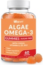 Oméga 3 Gommies sans sucre, Supplément d'algues Oméga 3 pour adultes, Oméga 3 DHA 240mg, EPA 110mg w/vitamine B12,CoQ10