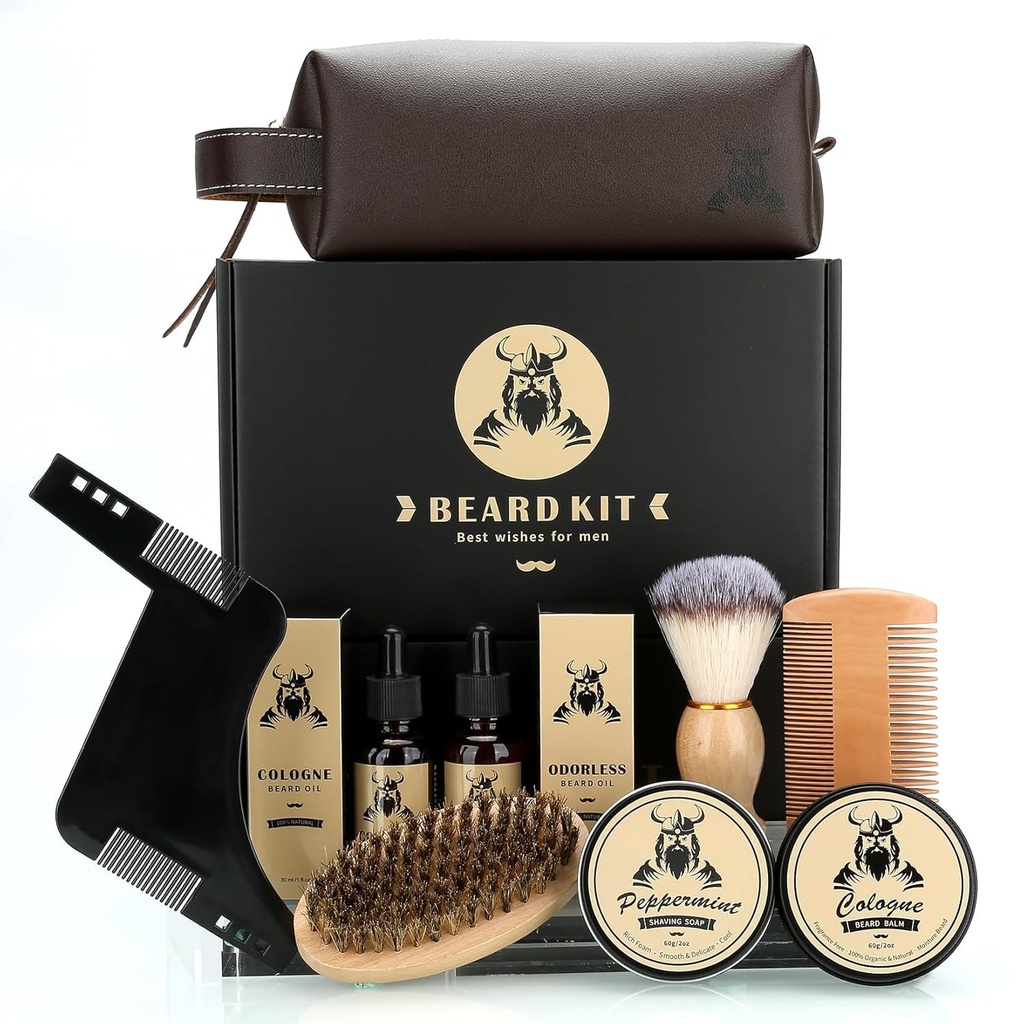 Kit d'entretien des barbes Cadeaux pour les hommes, Kit de grooming de 9 pcs, Kit de club de barbe est un cadeau unique pour les hommes pour papa mari garçon ami, anniversaire de la fête des pères anniversaire mariage Noël idées cadeaux pour lui patron