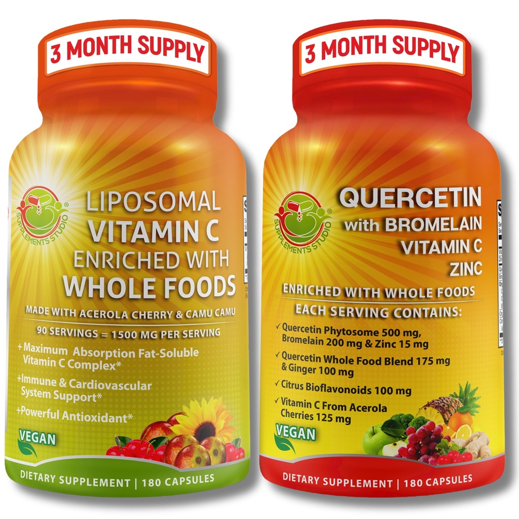 Quercetine avec Bromelain, Vitamine C & Zinc + Vitamine Liposomique C 1500mg – Ensemble de soutien immunitaire avec cerise acérola biologique, Camu Camu & Citrus Bioflavanoïdes – Vegan, Non-OGM, Clean Wellness Support