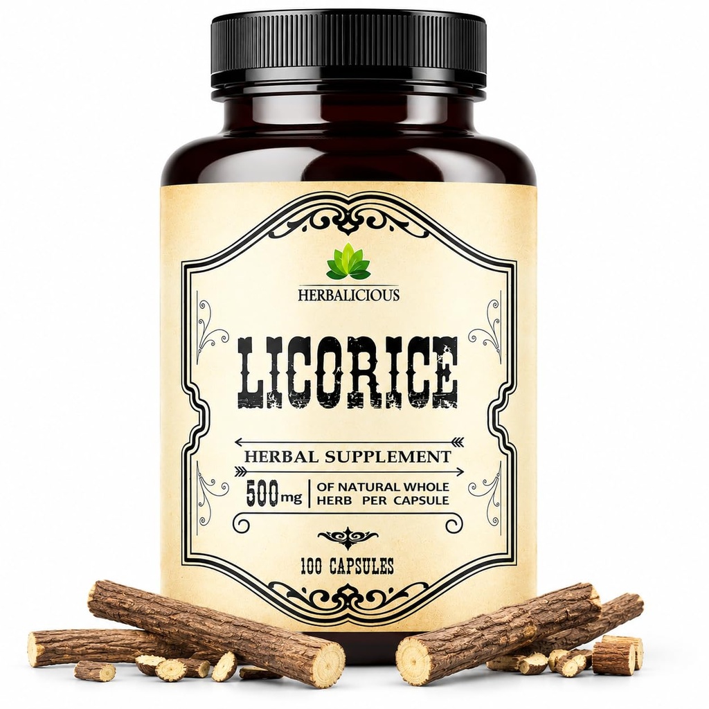 Racine de réglisse 100 Capsules – Glycyrrhize biologique pure – Supplément à base de plantes pour le confort digestif et le bien-être général – Non-OGM et sans additifs