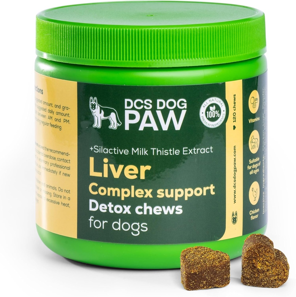 Supplément foie et rein Chien Detox Chews, soutien complexe avec extrait de chardon de lait de haut niveau pour chiens santé, 120 morceaux de vitamine aromatisés de poulet pour toutes les races de chiens