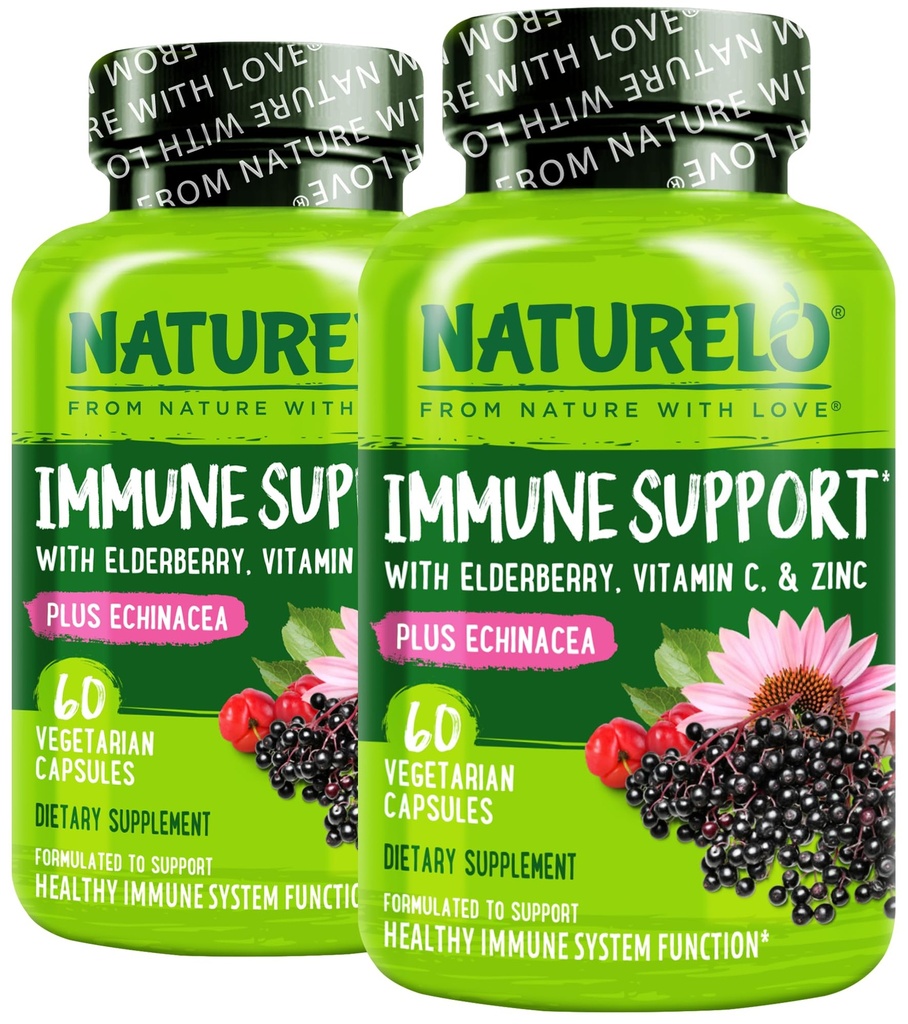 NATURELO Immune Support Vitamine C, Elderberry, Zinc, Echinacea Natural Immunity Boost w/Antioxydant, Herbal & Mineral Defense - 60 Capsules Vegan (Pack of 2)