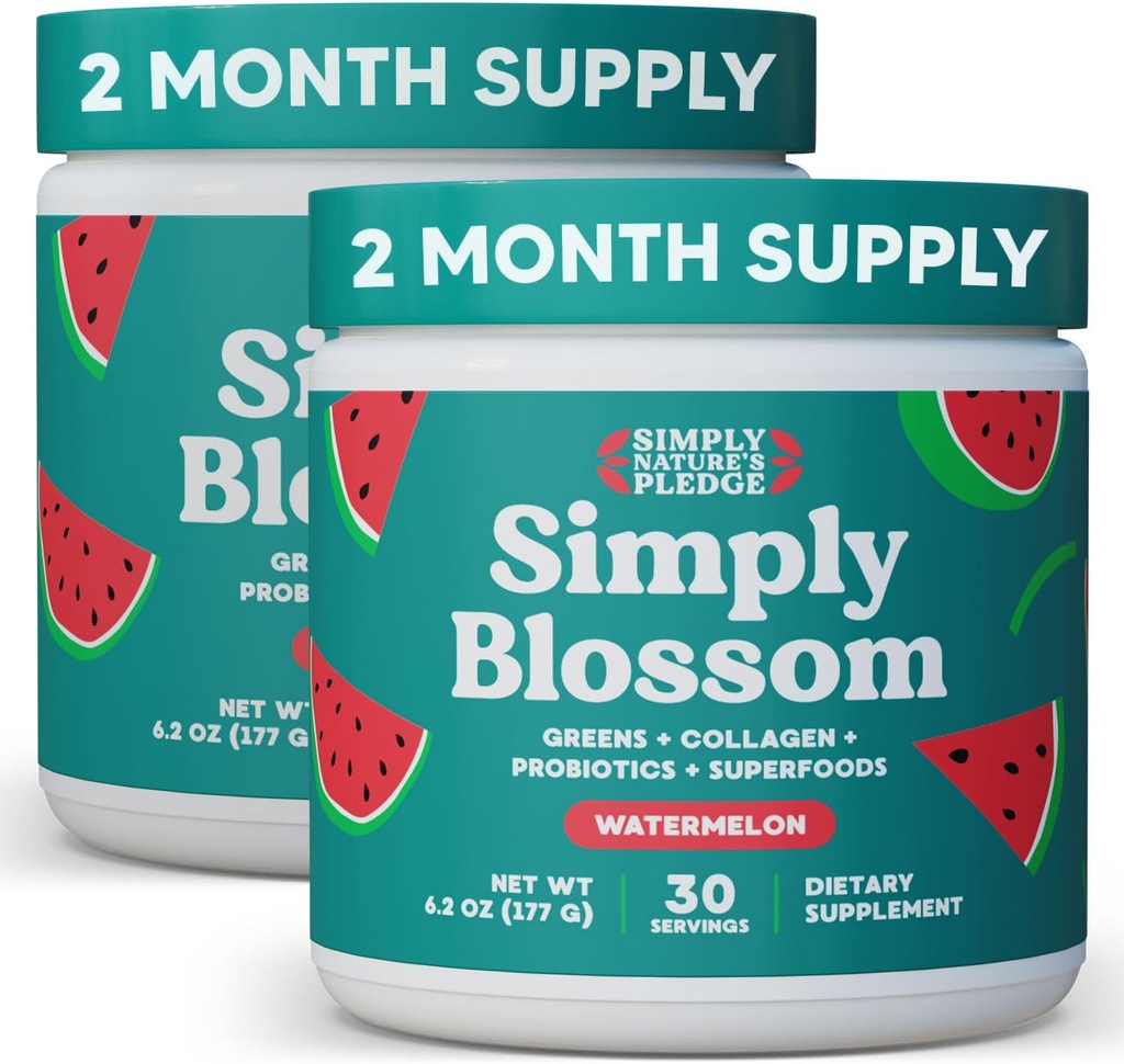 Simply Blossom Nutrition Daily Greens & Superfood Powder + Collagen + Probiotiques pour la santé digestive des femmes & Bloating Relief. Aidez votre santé Bloom - 2 mois d'approvisionnement - pastèque