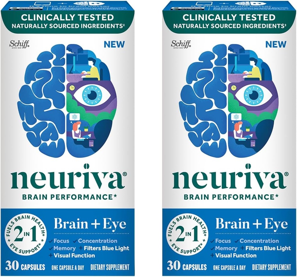 NEURIVA Cerveau + supplément oculaire pour mémoire, focus et concentration avec la lutéine et la zéaxanthine testées cliniquement, vitamines A C & E + zinc pour la santé des yeux et filtre Blue Light 30 capsules de comptage (2 pack)