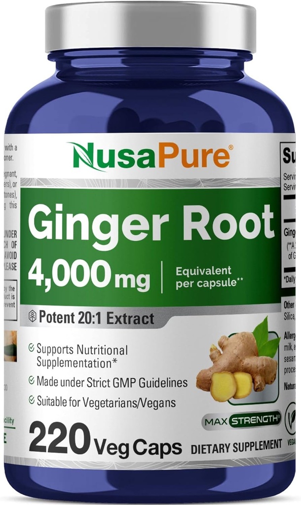NusaPure Ginger Root Capsules 20:1 Extract, 200 mg Equivalent to 4,000mg per Veggie Caps | 220 Count | Non-GMO