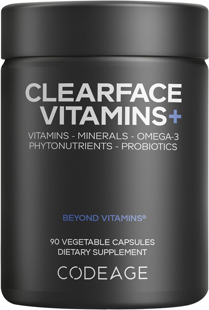Codeage Clearface Acide pantothénique, supplément de niacine, vitamines A, C, D3, E, probiotiques, zinc, riboflavine, thiamine, L-Lysine HCL & Omega-3, niacinamide, mélange botanique de la peau - Non-OGM - 90 capsules