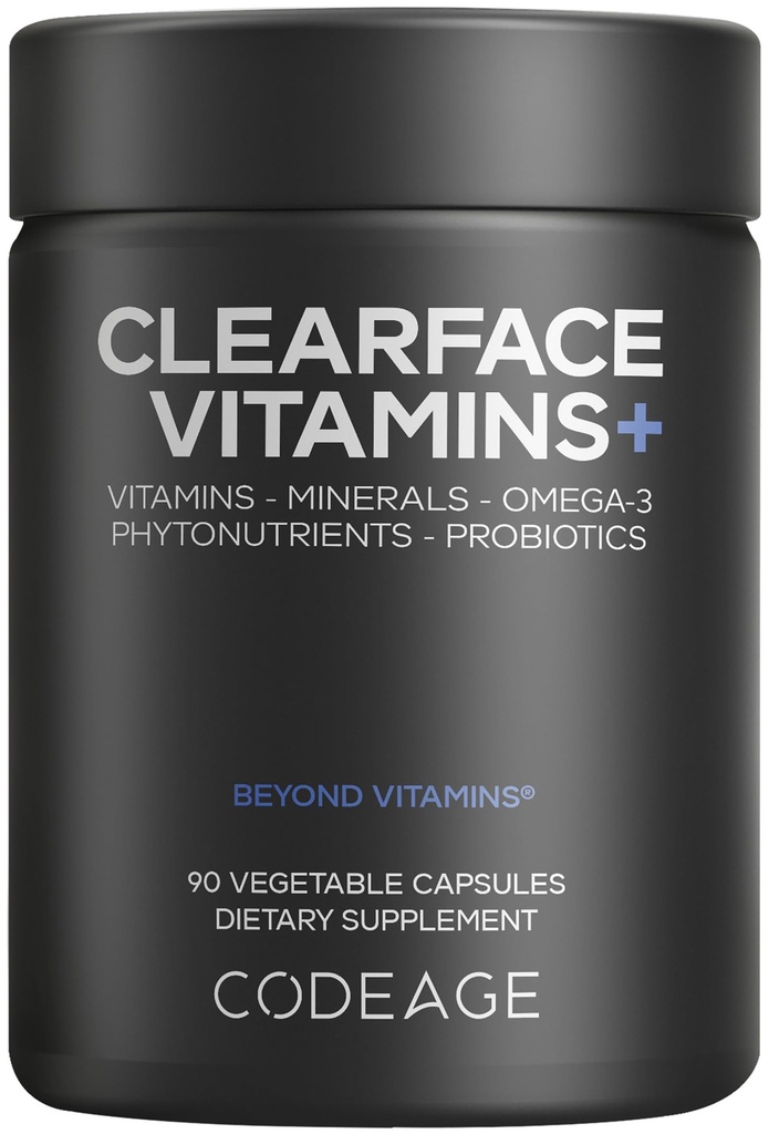 Codeage Clearface Pantothenic Acid, Niacin Supplement, Vitamins A, C, D3, E, Probiotics, Zinc, Riboflavin, Thiamin, L-Lysine HCL & Omega-3, Niacinamide, Skin Botanical Blend - Non-GMO - 90 Capsules