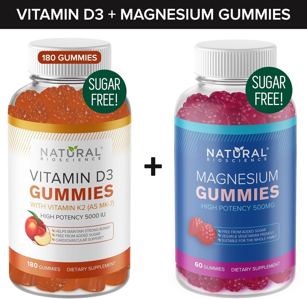 Vitamine D3 K2 sans sucre Gommies (180 Gommies) et Gommies de magnésium sans sucre (60 Gommies), Vitamine D3 Gommies 5000 UI+K2 MK7 80 mcg, Gommies de citrate de magnésium 500 mg