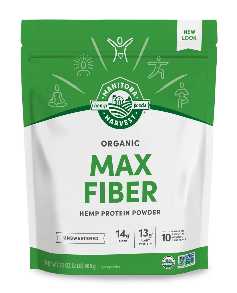 Manitoba Récolte de chanvre Oui Bio Max Fibre Protéine Poudre, non sucrée, 32oz, avec 13g de fibre, 13g de protéines et 2,5g d'oméga 3&6 par portion, Kéto-friendly, sans réserve, emballage mai Vary