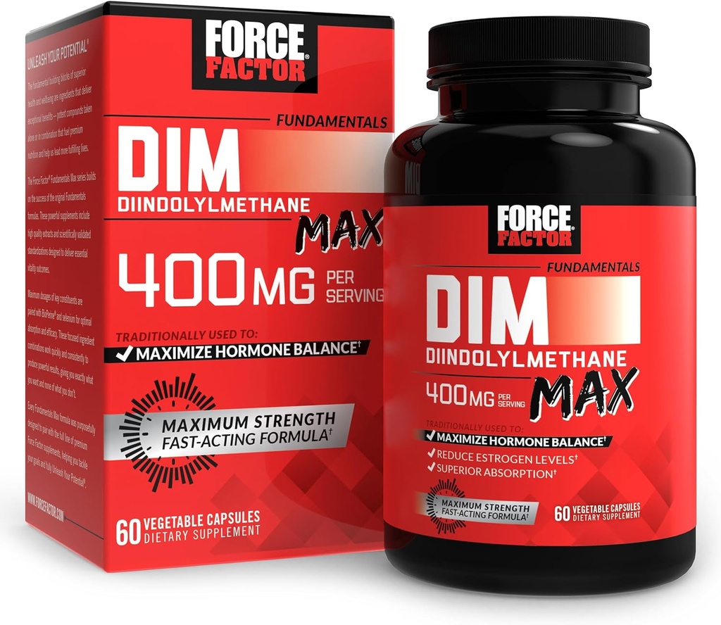 FACTEUR DE FORCE DIM Max, Supplément DIM 400mg, Équilibre astrogénique pour les femmes et les hommes, Force supplémentaire pour l'acné hormonal, Métabolisme, Ménopause, PCOS, Diindolylméthane, Absorption supérieure, 60 Capsules