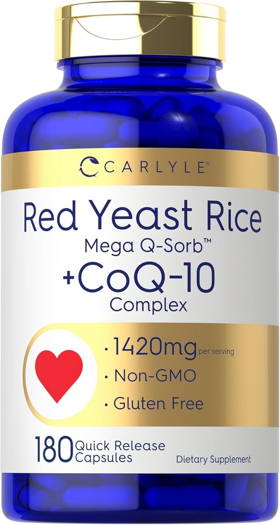 Riz de levure rouge de Carlyle avec complexe CoQ10 1420 mg 180 Capsules Mega Q-Sorb , Supplément sans gluten