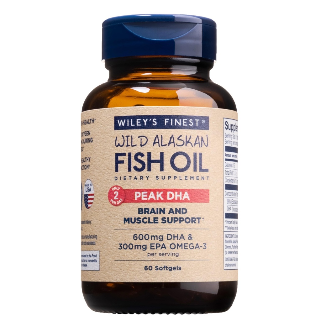 Wiley's Finest Wild Alaskan Fish Oil Peak DHA - 900mg EPA et DHA Oméga-3 - 60 Softgels (30 portions)