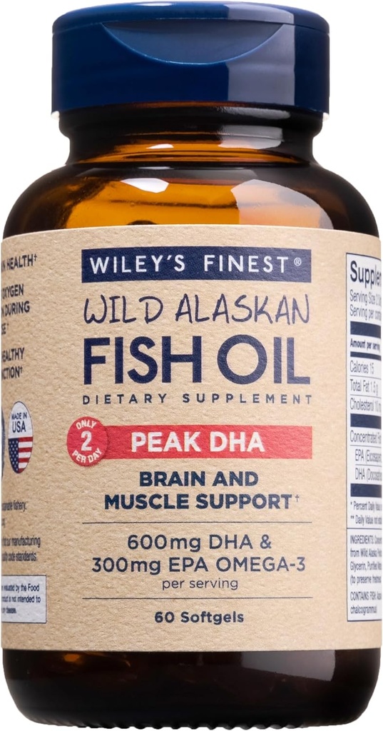 Wiley's Finest Wild Alaskan Fish Oil Peak DHA - 900mg EPA et DHA Oméga-3 - 60 Softgels (30 portions)