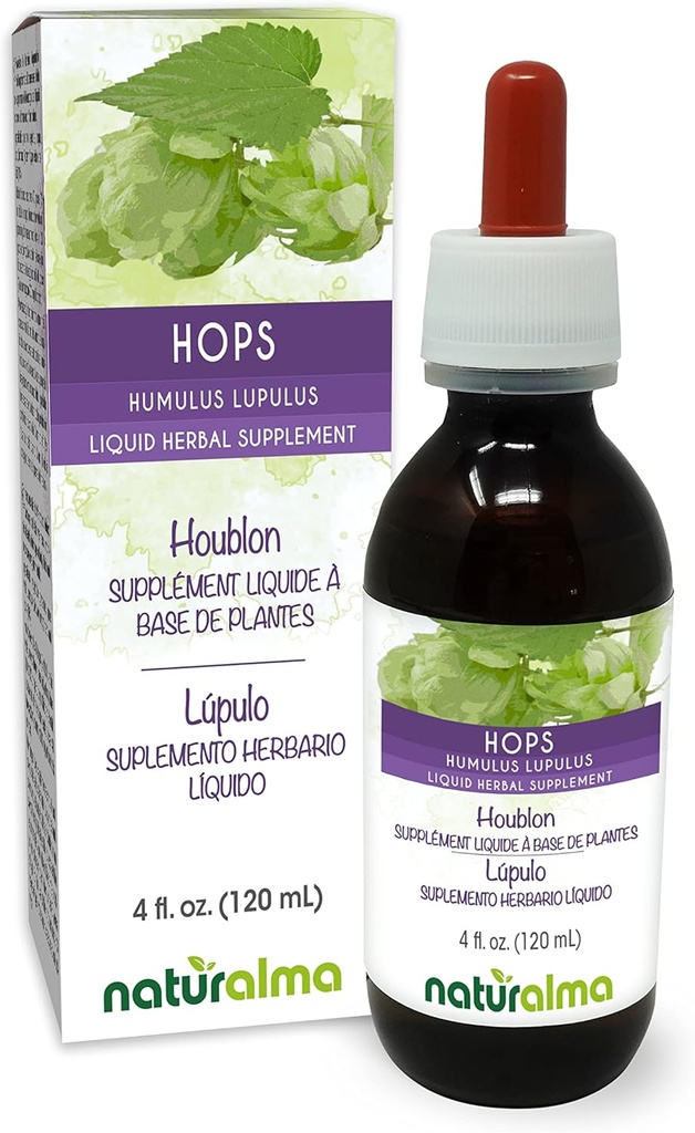 Naturalma Hops (Humulus lupulus) strobilus ou Cone (Female Flowers) Teinture sans alcool - 4 fl oz Extrait liquide dans les gouttes - Supplément à base de plantes - Vegan