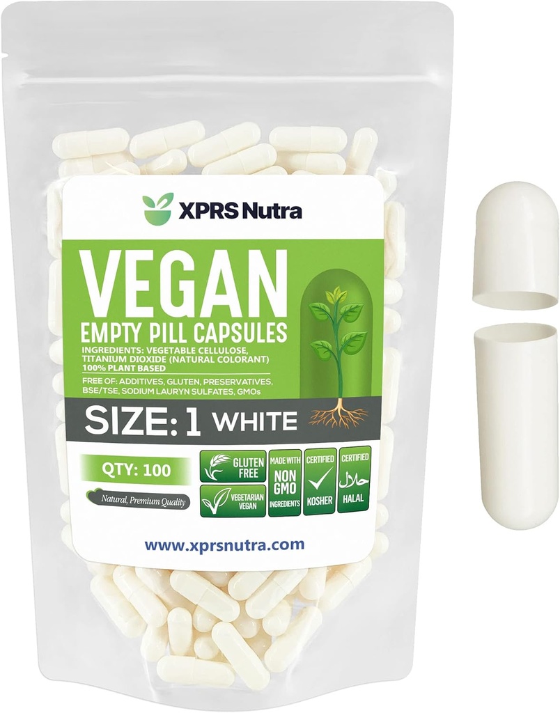 XPRS Nutra Size 1 Empty Capsules - 100 Count Empty Vegan Capsules - Vegetarian Pills - DIY Vegetable Capsule Filling- Veggie Pill Caps for Do-It-Yourself Supplements (White)