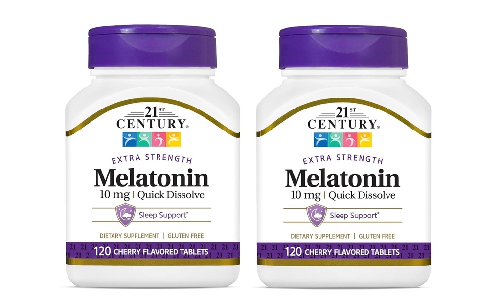 21ème siècle, Melatonine Dissolve rapidement les comprimés 10 mg, blanc, cerise, 120 Compte (paquet de 2)