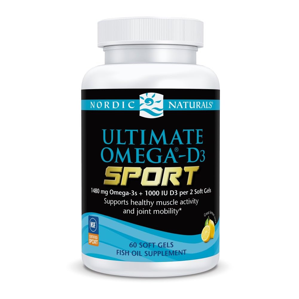 Nordic Naturals Ultimate Omega-D3 Sport, Citron - 60 gels souples - 1480 mg Omega-3 + 1000 UI Vitamine D3 - NSF Certified - Supporte Muscle, Bones, Focus & Endurance - 30 portions