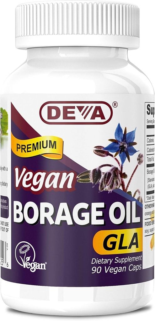 Vitamines véganes de Deva, huile de bore 500mg, riche source d'acide gras oméga-6 GLA (acide linolénique gamma), pressé et non raffiné à froid, 90 comprimés, 1-pack