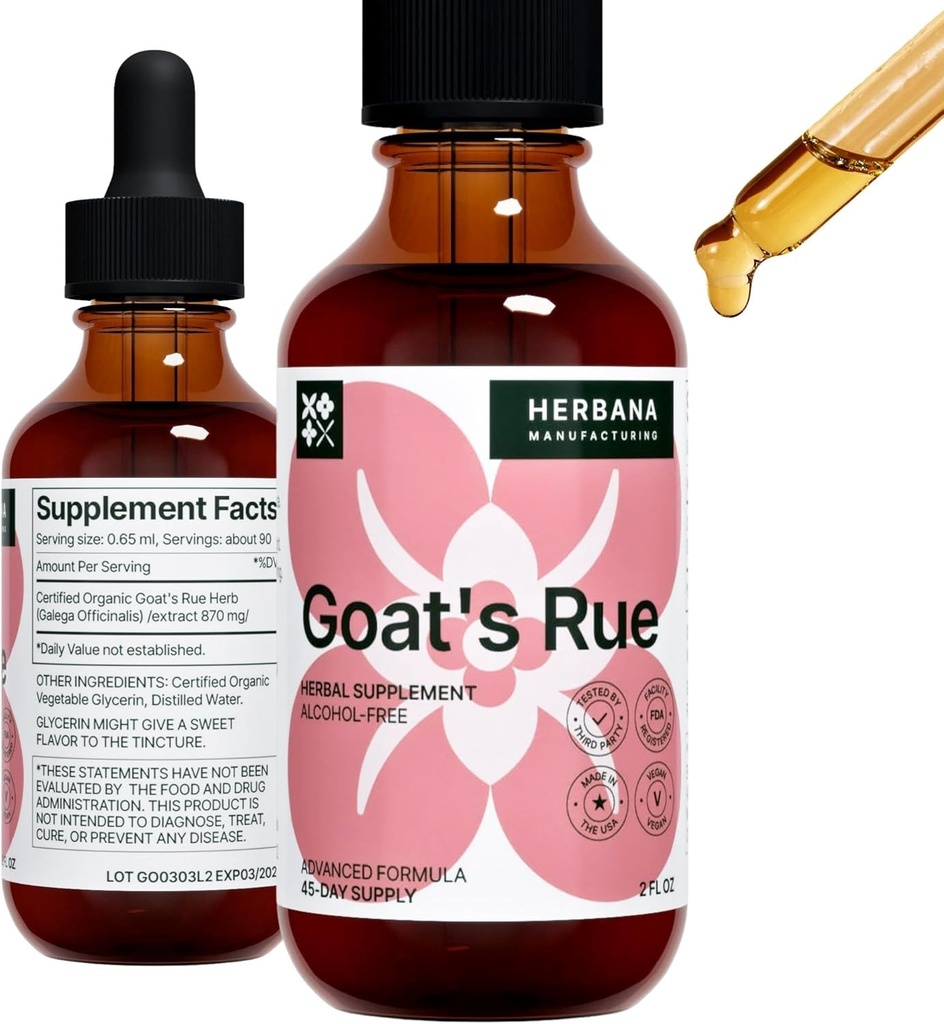 Goat's Rue Liquid Extract 2 fl oz - Supplément d'allaitement - Supporte la production de lait maternel et les gouttes de développement tissulaire mammifère - Galega Officinalis Teinture - Formule avancée - Approvisionnement de 45 jours