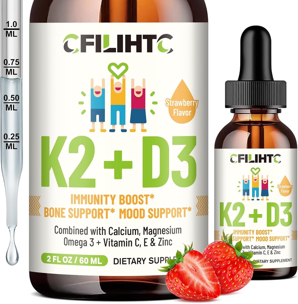 Vitamine D3 K2 gouttes pour les enfants - Omega 3, Vitamine E, Calcium, Magnésium et Zinc pour une meilleure absorption - Liquide MK7 1000 UI D3 pour des os, dents et soutien cardiaque sains - Non-OGM, 2 Fl Oz