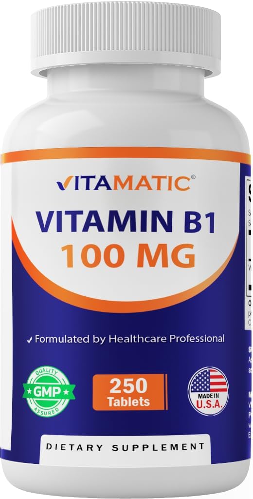 Vitamine Vitamatique B1 (As Thiamine Mononitrate) 100mg – 250 comprimés végétariens soutient la production d'énergie, la fonction du système nerveux et la santé cardiaque*