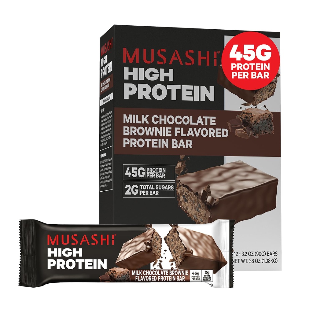 Barre à haute teneur en protéines MUSASHI, 45g de protéines, 2g de sucres totaux, Brownie au chocolat au lait, après l'entraînement et Snack de protéines sur le pouce, 12 pack de 3,2oz (90g) barres
