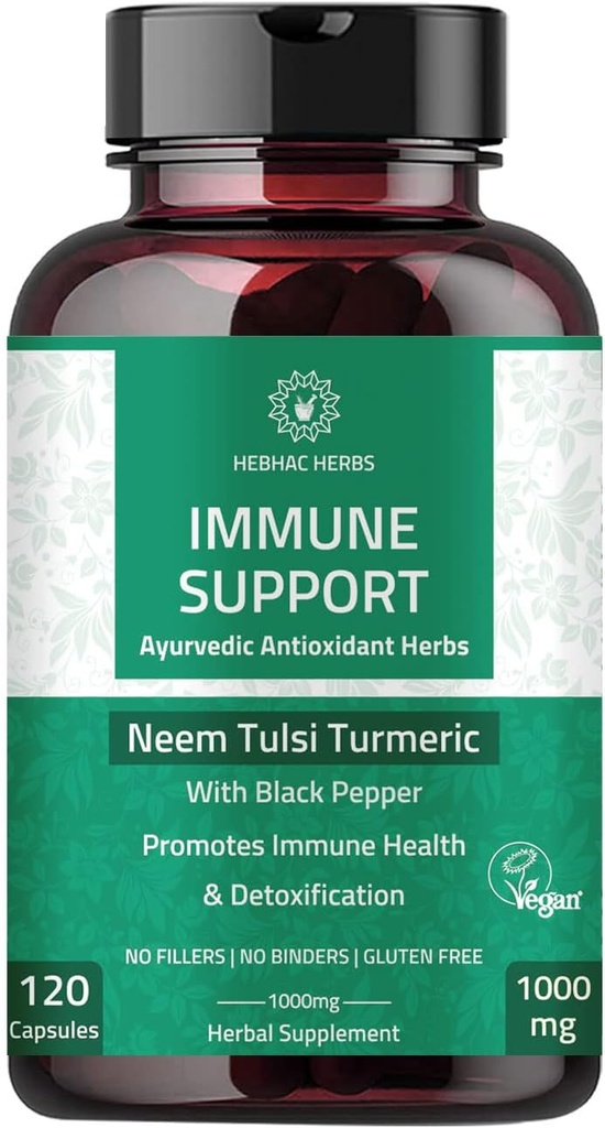 Capsules de soutien immunitaire - Supplément de soutien immunitaire 120 Capsules faites avec Neem biologique, Tulsi, Amla & Turmeric, Améliorer le bien-être et la fonction immunitaire.
