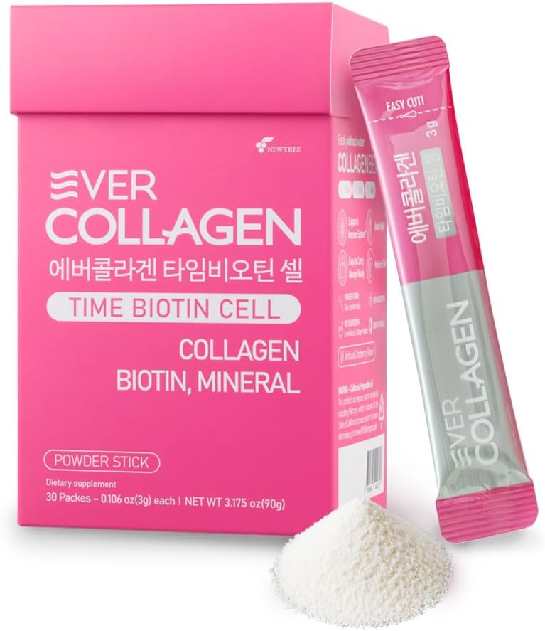 NEWTREE Biotin Cell Low Molecular Weight Marine Collagen Peptides Powder Packet, Supplément de poudre de protéines pour ongles de cheveux de peau, Packs de voyage - Prendre sans eau, 30 bâtons