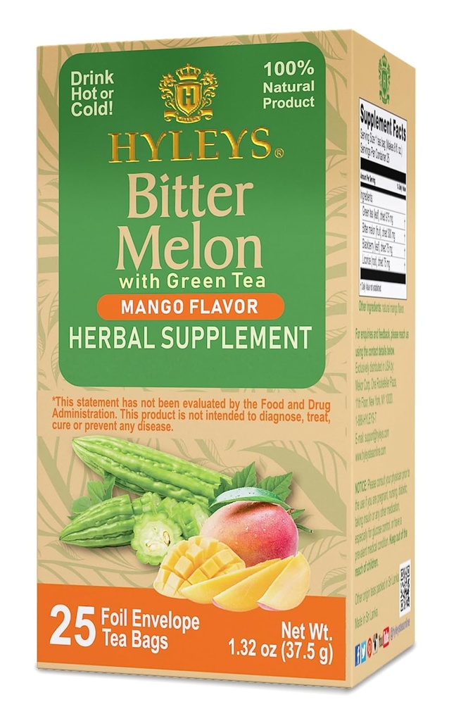 Hyleys Bitter Melon avec thé vert - Mango Flavor - 25 sachets de thé - Soutient une fonction hépatique saine - Supplément à base de plantes - (6 Pack - 150 sachets de thé Total)