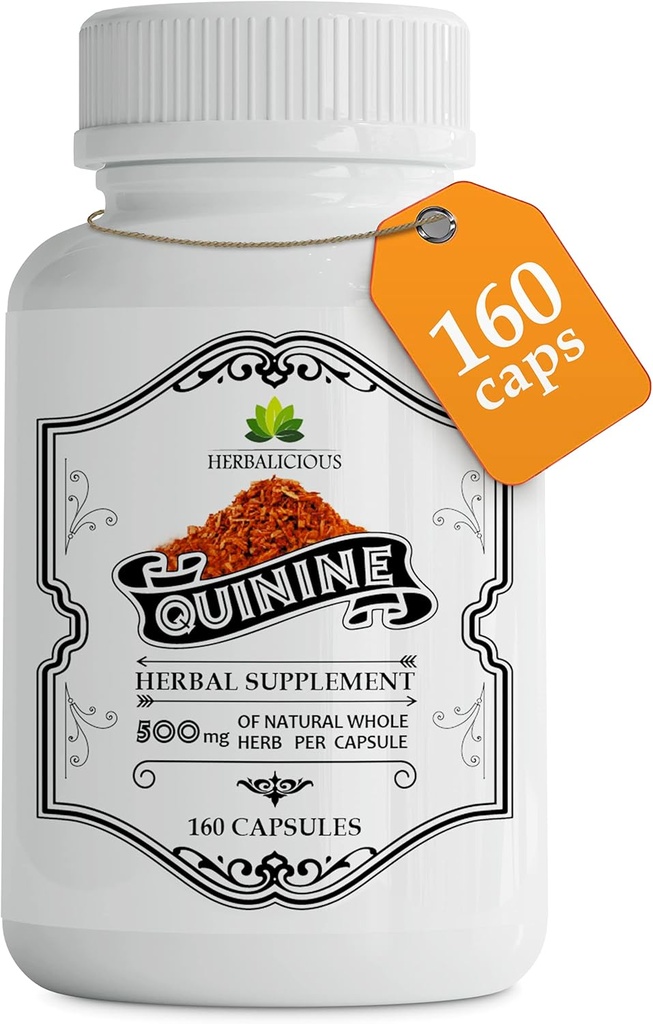 Capsules de quinine - Cinchona Officinalis Bark supplément à base de plantes pour la défense des muscles, des crampes et la santé globale digestive - Pilules de sulfate de quinine tout naturel, 500mg par gélule, 160 comprimés