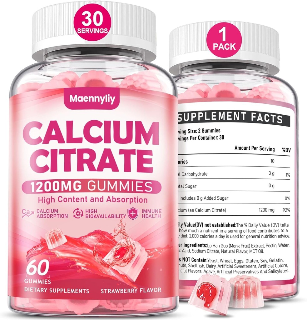 Citrate de calcium Gummies 1200 mg pour les adultes: Absorption Ultime Supplément de calcium pour les femmes et les hommes - Facile à digérer, végétalien, non-OGM, sans gluten - Fraise naturelle
