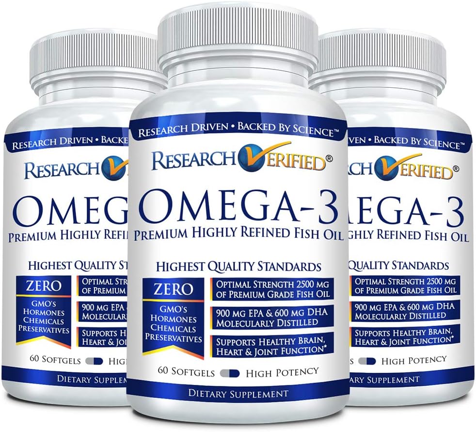 Recherche Omega vérifié 3-1800mg Omega 3 Huile de poisson - Élevée 900mg EPA + 600mg DHA - Aucun arrière-goût - 60 Capsules de softgel - 3 bouteilles