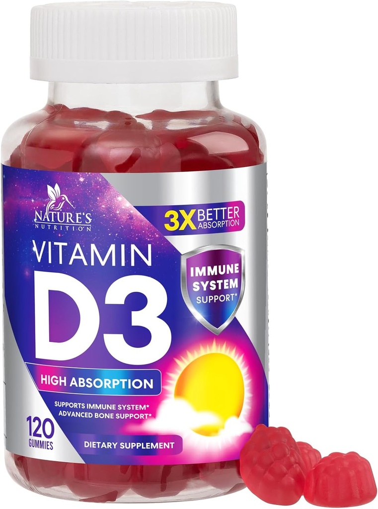 Vitamine D3 Gummy 5000 UI (125 mcg) - Supplément alimentaire Vitamines D pour les femmes et les hommes - Bone, Dents, Muscle & Immunissance Soutien de la santé, haute puissance VIT D3 Nature's Non-OGM & sans gluten - 120 Gummes