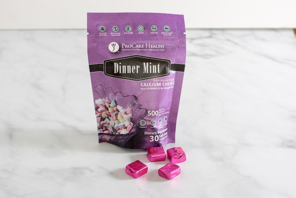 ProCare Health | TruCal Calcium Soft Chew | Dinner Mint | 500mg Calcium | 500 IU Vitamin D3 | 500 Million CFU's Probiotic | 30 Count