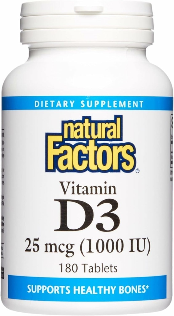 Facteurs naturels, vitamine D3 1000 UI (25 mcg), soutient les os forts, les muscles et la fonction immunitaire, 180 comprimés