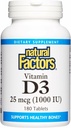Facteurs naturels, vitamine D3 1000 UI (25 mcg), soutient les os forts, les muscles et la fonction immunitaire, 180 comprimés