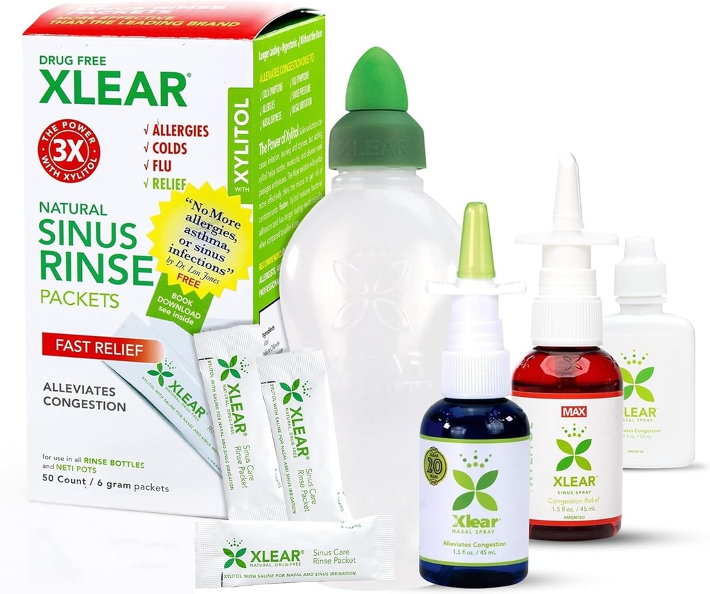 Kit de secours contre l'allergie Xlear, Kit de secours contre l'allergie toute la journée incluant spray nasal Xlear avec spray nasal Xylitol, spray nasal Xlear MAX, rinçage nasal Xlear Neti Pot et 50 packets de recharge