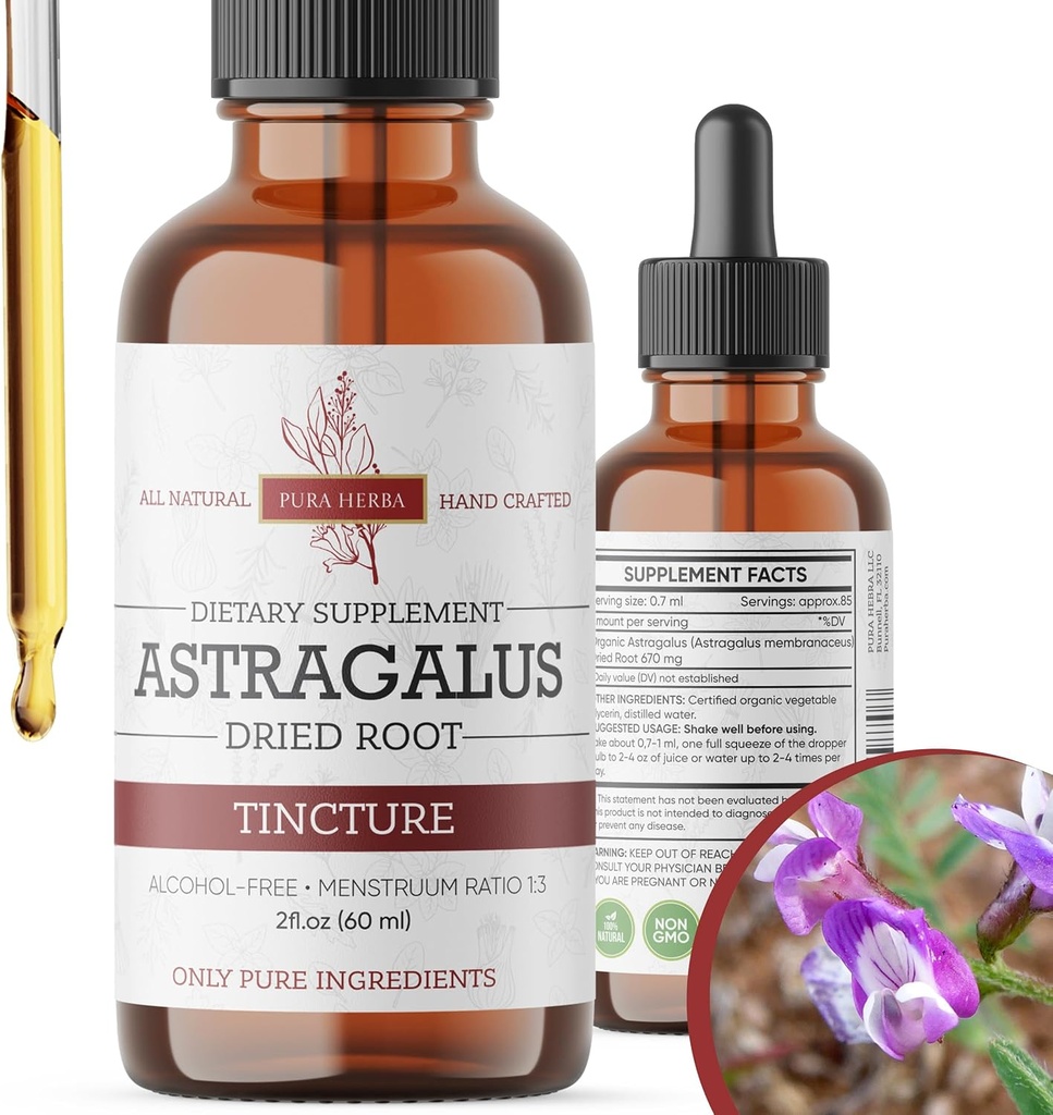 Teinture Astragalus bio - Extrait de racine Astragalus Premium pour le soutien immunitaire - Sans alcool, sans sucre, végétalien - Supplément liquide de haute puissance - Fabriqué aux États-Unis - 2 Fl.Oz.