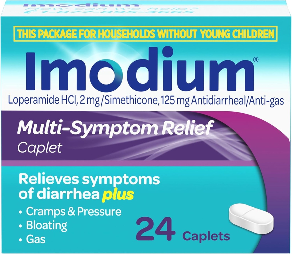 Caplets de soulagement multisymptômes Imodium avec chlorhydrate de loperamide et siméthicone, antidiarrhée pour le traitement de la diarrhée, gaz, ballonnement, crampes et pression, plus facile à ouvrir, 24 ct