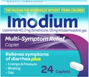 Caplets de soulagement multisymptômes Imodium avec chlorhydrate de loperamide et siméthicone, antidiarrhée pour le traitement de la diarrhée, gaz, ballonnement, crampes et pression, plus facile à ouvrir, 24 ct