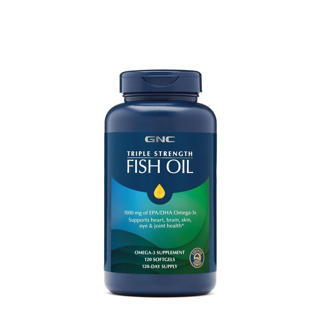 GNC Triple Strength Fish Oil, Twin Pack, 120 Softgels par bouteille, soutient la santé du coeur, du cerveau, de la peau, des yeux et des articulations