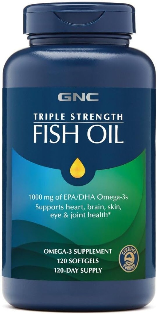 GNC Triple Strength Fish Oil, Twin Pack, 120 Softgels per Bottle, Supports Heart, Brain, Skin, Eye and Joint Health