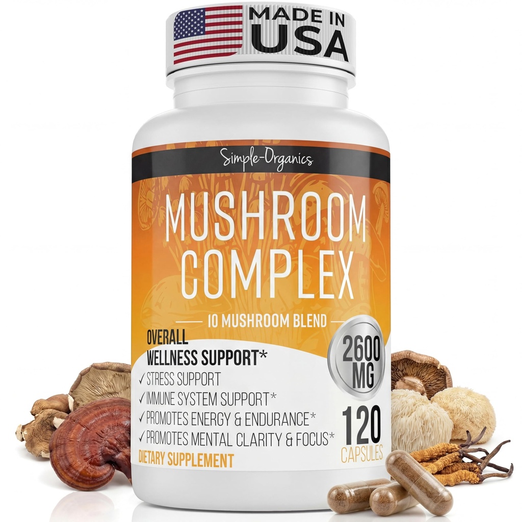 Complexe de champignons, 10 Mélange de champignons pour l'énergie et le soutien immunitaire, 2600mg par service, 120 Capsules végétaliennes