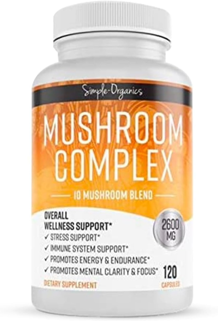 Complexe de champignons, 10 Mélange de champignons pour l'énergie et le soutien immunitaire, 2600mg par service, 120 Capsules végétaliennes