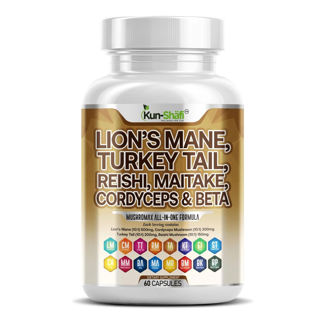 Lions Mane 3000mg 20in1 Supplément de champignons avec la dinde Tail 2000mg Reishi 1000mg Cordyceps Chaga 1000mg Maitake Meshima Poria Cocos Shiitake Oyster Porcini Enoki 60 Comte