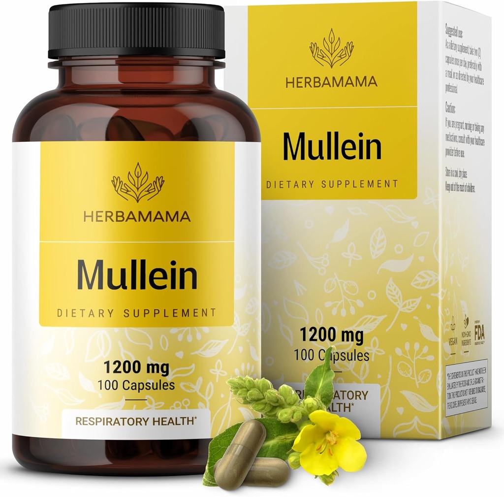 HERBAMAMA Mullein Leaf Capsules - 1200mg Mullein Leaf Extract for Lung Detox Support - Vegan, Non-GMO Respiratory Lung Cleanse Supplement