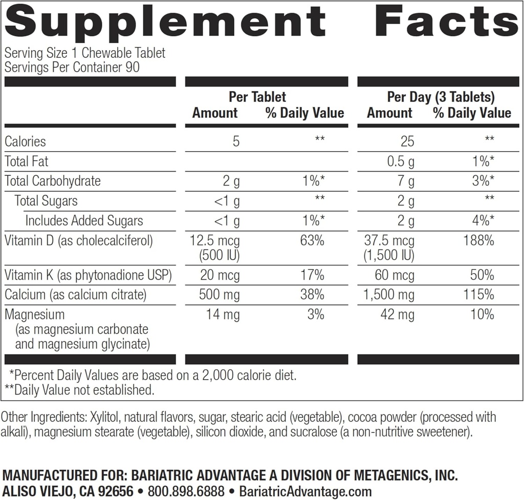 Avantage bariatrique Citrate de calcium Chewable 500 mg - pour les patients de chirurgie bariatrique - Comprimés à haute puissance et à digestibilité facile - Citrate de calcium - Suppléments de force osseuse* - 90 Compte - Chocolat