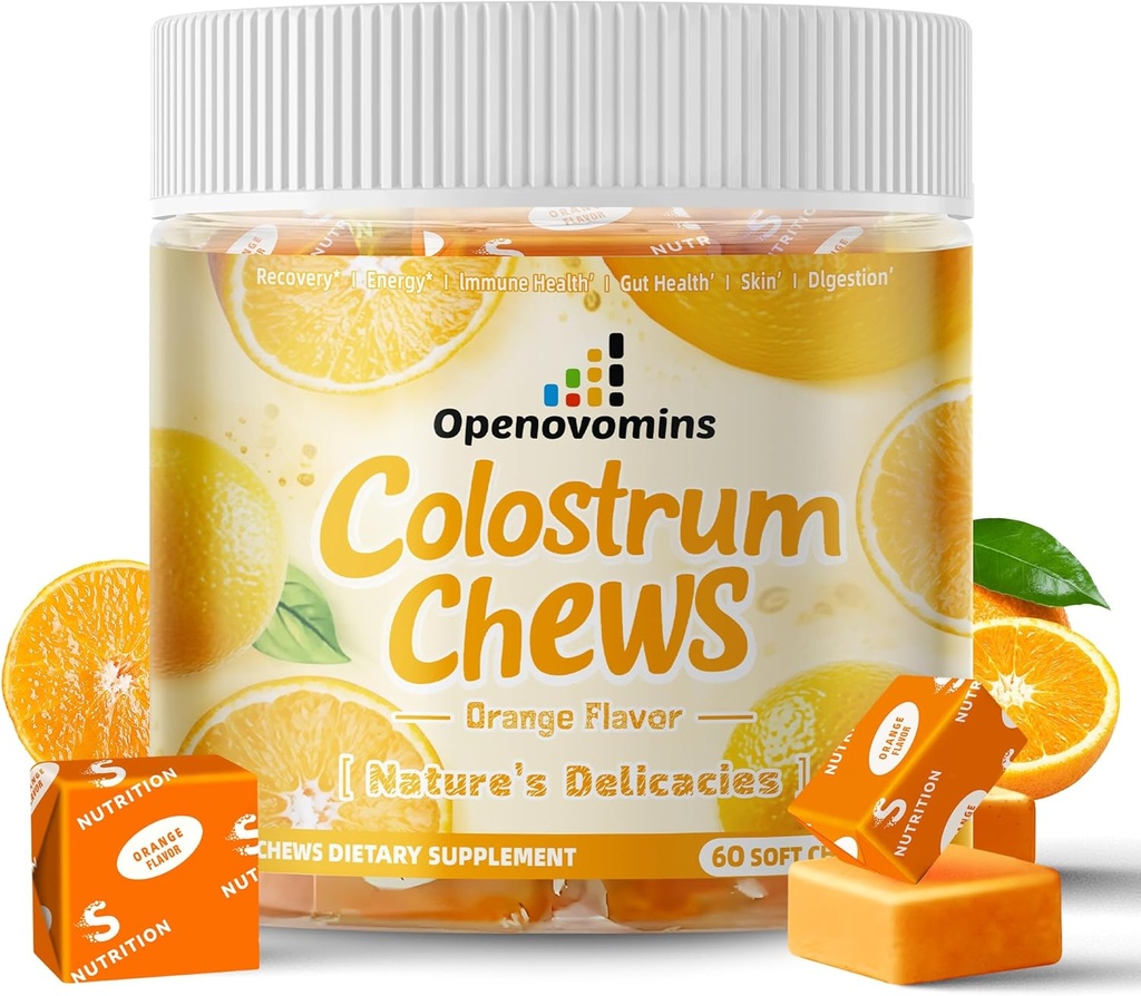Supplément Bovin Colostrum Soft Chews avec des probiotiques pour la santé de Gut, Bloating, Immune Support, la peau, la croissance des cheveux et la beauté - Orange Flavor (60 portions)