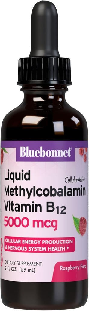 Bluebonnet Méthylcobalamine liquide Vitamine B12 5000 mcg Coenzyme active Forme de vitamine B 12 gouttes liquides Supplément énergétique pour les femmes et les hommes - Vegan, sans gluten - Arôme framboise - 2 Fl Oz