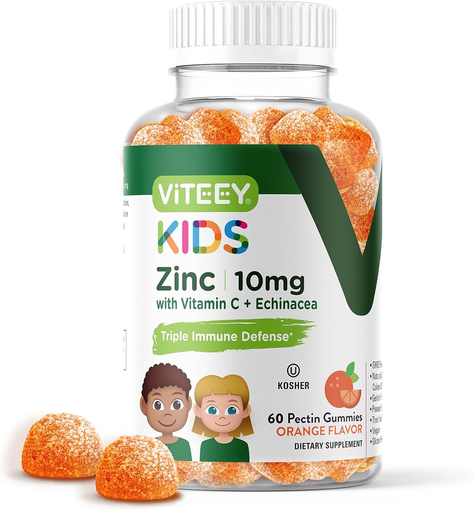 Viteey Zinc pour les Gummées Enfants 10mg, avec Vitamine C & Echinacea - Soutien immunitaire, puissant antioxydant naturel, supplément de vitamine Zinc pour enfants - Vegan, sans gélatine - Saveur d'orange à mâcher